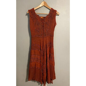 Sakkas Dress Womens S/M Orange Embroidered Lace Up Boho Festival Midi Sundress